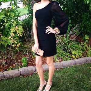 Black one shoulder dress - gold cuff